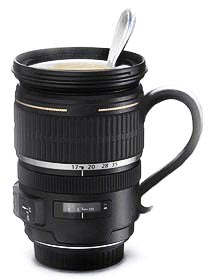 A Canon camera lens turned into a mug.